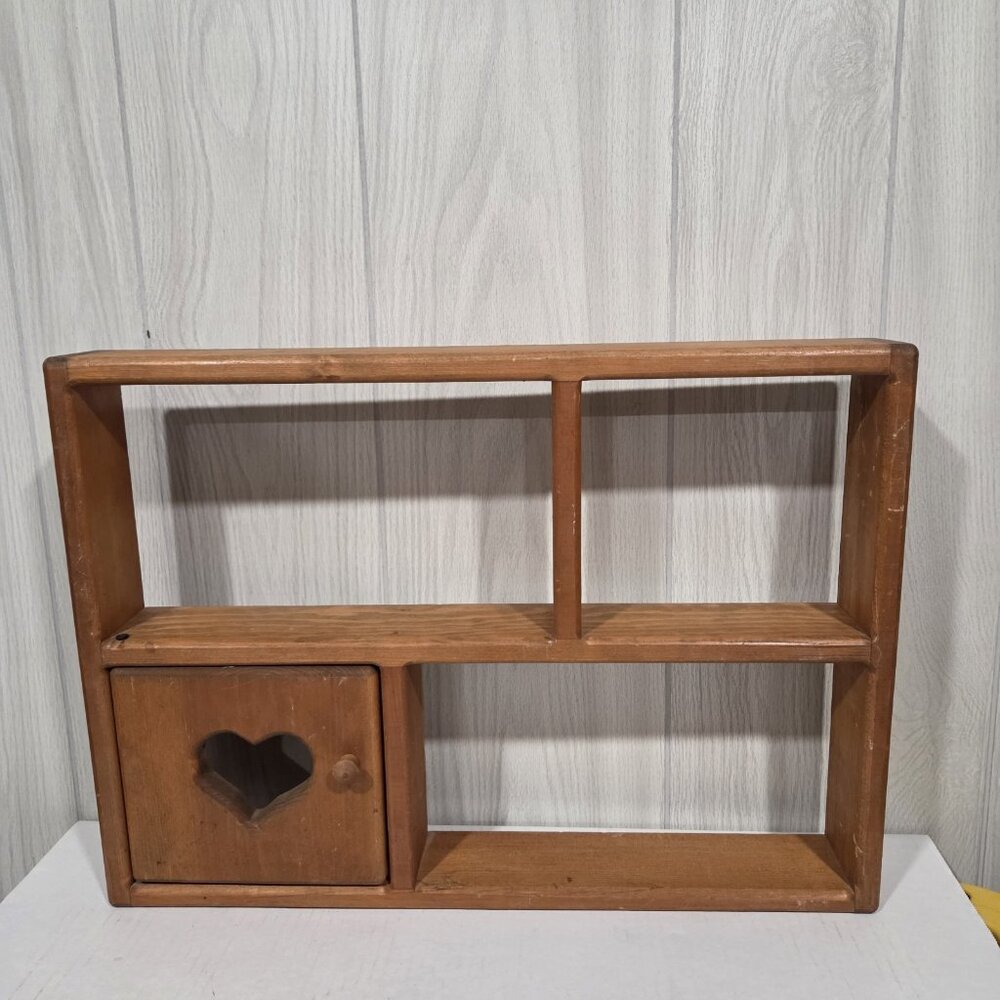 Vintage Handmade Wooden Wall Shelf Heart Door Pegs Rustic Country Cottagecore